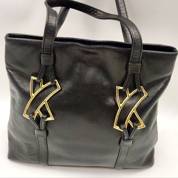 Paloma Picasso Vintage Black Leather Tote Bag Purse   w/Gold Accents - Picture 15 of 15